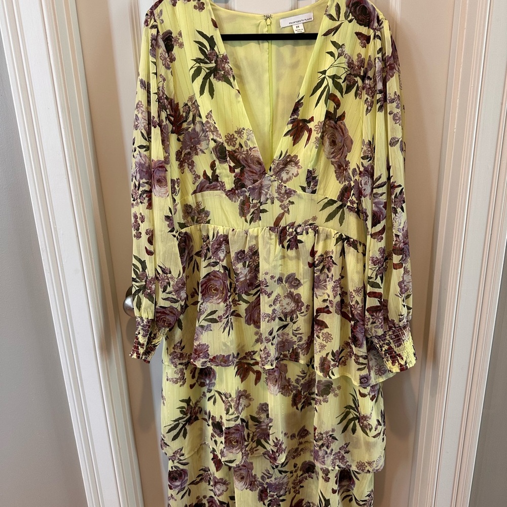 Fourteenth Place Yellow Floral Dress 2X Long Sleeve Tiered Ruffle